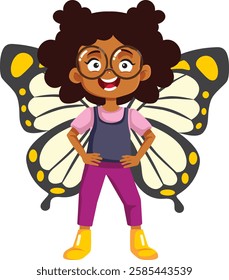 
Little Girl Wearing Butterfly Wings Vector Cartoon Character. Smart kid developing growing up free spirited and happy 
