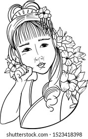 Little girl wearing chinese traditional costume. Hand drawn vector illustration for coloring book.