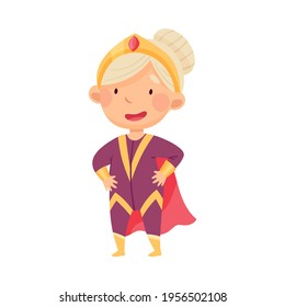 Little Girl Wearing Costume of Superhero Pretending Having Power for Fighting Crime Vector Illustration