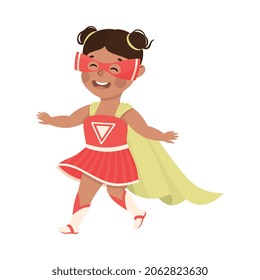 Little Girl Wearing Costume of Superhero Pretending Having Power for Fighting Crime Vector Illustration