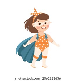 Little Girl Wearing Costume of Superhero Pretending Having Power for Fighting Crime Vector Illustration