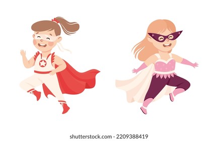 Little Girl Wearing Costume of Superhero Pretending Having Power for Fighting Crime Vector Set