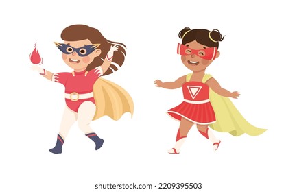 Little Girl Wearing Costume of Superhero Pretending Having Power for Fighting Crime Vector Set