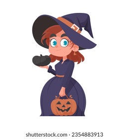 A little girl is wearing a creepy witch costume and is holding a pumpkin. Halloween theme refers to the things and activities associated with Halloween that can bring joy and entertainment