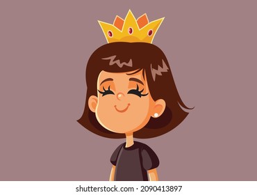 
Little Girl Wearing A Crown Vector Cartoon Illustration. Egotistic Only Child Feeling Royal, Entitled, And Privileged 
