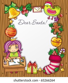 Little girl, wearing crownt, writing a letter to Santa . Lots of Christmas ornaments and decorations. Christmas kids series 3.