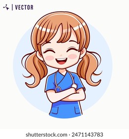 Pequeña niña usando disfraz de doctor con estetoscopio colgando en su Ilustración vectorial del cuello. Personaje lindo del doctor de los niños