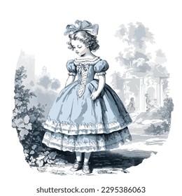 Little girl wearing dress in a classic toile de jouy sketch style illustration