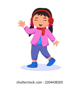 Little Girl with Wearing Earphone Character Design Illustration