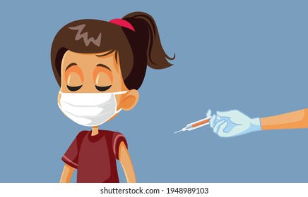 Little Girl Wearing Face Mask Getting Vaccinated. Coronavirus vaccine for children approval after testing concept illustration. Young population receiving immunization
