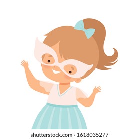 Little Girl Wearing Festive Mask Waving Hands Vector Illustration