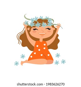 Little girl wearing flower wreath. Cute female kid with flower crown on head. Cartoon pretty character, hand drawn flat vector illustration isolated on white. Could be used for print on babies items