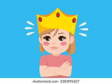 Little girl wearing golden crown vector cartoon illustration. Egotistic child feeling entitled and privileged