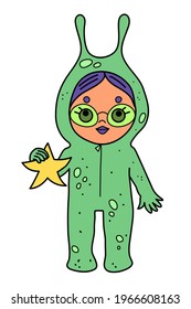 Little girl wearing green alien jumpsuit and eyeglasses, holding a yellow star,cute cartoon character on white background.Kid in funny ufo pajamas.Child holiday costume. Sleepover slumber party mascot