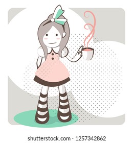 A little girl wearing a green bow, a pink cute dress and stripes knee socks, with a tea cup. Outline and pastel colors on ocher background, vector image