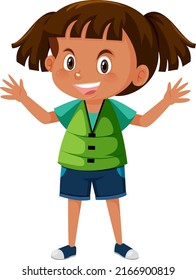 Little Girl Wearing Green Life Jacket In Cartoon Style Illustration