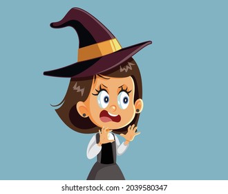 Little Girl Wearing A Halloween Witch Costume Vector Cartoon. Funny Child Trying To Be Scary And Prank People For Carnival Costume Party
