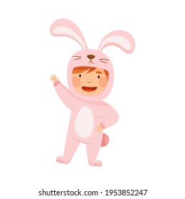 Little Girl Wearing Hare Costume Waving Hand and Having Fun Vector Illustration