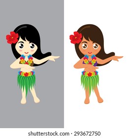 Little Girl Wearing Hawaiian Grass Skirt and Dancing. Vector illustration.