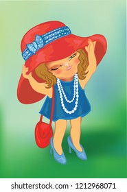 Little girl wearing her mother's hat.