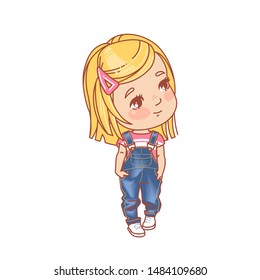 Little girl wearing jeans. Denim clothes for children. Preschool and school fashion outfit. Cute smiling young girl with blonde hair standing. Color vector illustration.