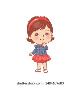 Little girl wearing jeans. Denim clothes for children. Preschool and school fashion outfit. Cute smiling young girl standing. Color vector illustration.