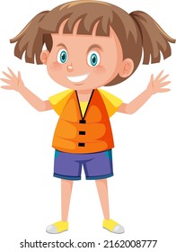 Little Girl Wearing Orange Life Jacket In Cartoon Style Illustration