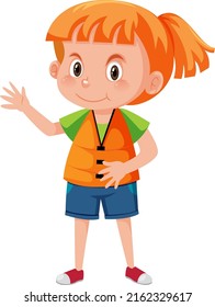 Little Girl Wearing Orange Life Jacket In Cartoon Style Illustration