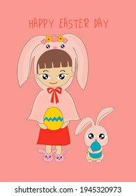 The little girl was wearing a pink bunny costume and had a bunny holding an Easter egg on Easter.