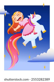 Una niña pequeña con vestido rosa montando un unicornio con cola rosa en el cielo para impresión, tarjeta y decoración