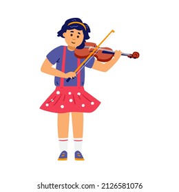 Little Girl Wearing Polka Dot Skirt Playing Violin Music Instrument, Isolated On White Background. Kid Practice Violin, Cartoon Flat Vector Illustration.