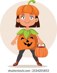 
Little Girl Wearing a Pumpkin Halloween Costume Vector Cartoon. Happy child celebrating at costume party in autumn
