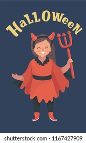 Little girl wearing red devil costume holding a trident or pitchfork. Child with horns on head. Halloween. Vector cartoon illustration in modern concept