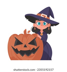 A little girl is wearing a scary witch costume and she is holding a pumpkin. The Halloween theme is all about having fun and doing enjoyable things that are related to Halloween.