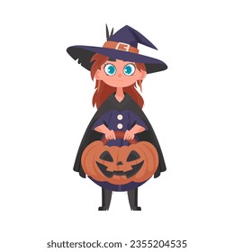 A little girl is wearing a scary witch costume and holding a pumpkin. The Halloween theme is all about having fun and doing enjoyable things that are connected to Halloween.