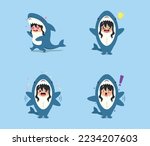 little girl wearing a shark costume character falling love, got an idea, shocked, laughing isolated on a beach background. little girl wearing a shark costume character set emoticon illustration
