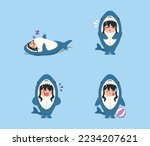 little girl wearing a shark costume character sleeping, slapped, mocking, and bored isolated on a beach background. little girl wearing a shark costume character set emoticon illustration