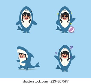 little girl wearing a shark costume character running, puzzled, and happy isolated on a beach background. little girl wearing a shark costume character set emoticon illustration