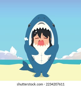 little girl wearing a shark costume character yawns isolated on a beach background. little girl wearing a shark costume character emoticon illustration