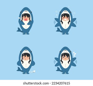 little girl wearing a shark costume character yawns, irritated, annoyed, and whistling isolated on a beach background. little girl wearing a shark costume character set emoticon illustration