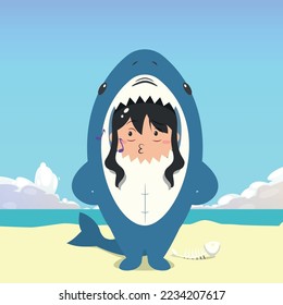 little girl wearing a shark costume character whistling isolated on a beach background. little girl wearing a shark costume character emoticon illustration