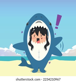 little girl wearing a shark costume character got shocked and pointed to something isolated on a beach background. little girl wearing a shark costume character emoticon illustration