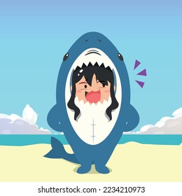 little girl wearing a shark costume character with a mocking face isolated on a beach background. little girl wearing a shark costume character emoticon illustration