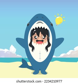 little girl wearing a shark costume character got an idea isolated on a beach background. little girl wearing a shark costume character emoticon illustration