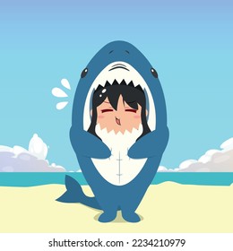 little girl wearing a shark costume character gets bored isolated on a beach background. little girl wearing a shark costume character emoticon illustration