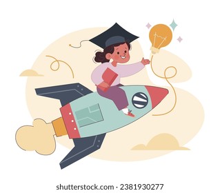 Little girl wearing a square academic cap. Positive impact of father' involvement on child' future education and career. Engaged or committed fatherhood. Flat vector illustration.