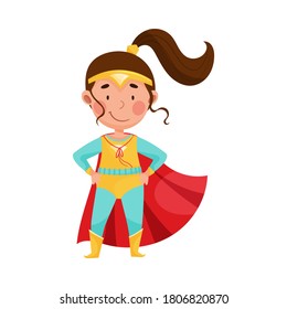 Little Girl Wearing Superhero Costume Pretending to Have Super Power Vector Illustration