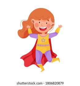 Little Girl Wearing Superhero Costume Waving Hand and Jumping Vector Illustration