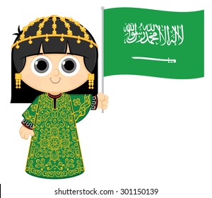 Little Girl Wearing Traditional Dress and Holding Saudi Arabia flag