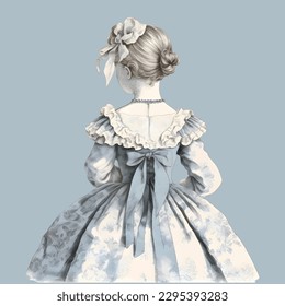 Little girl wearing vintage dress in detailed toile de jouy style illustration